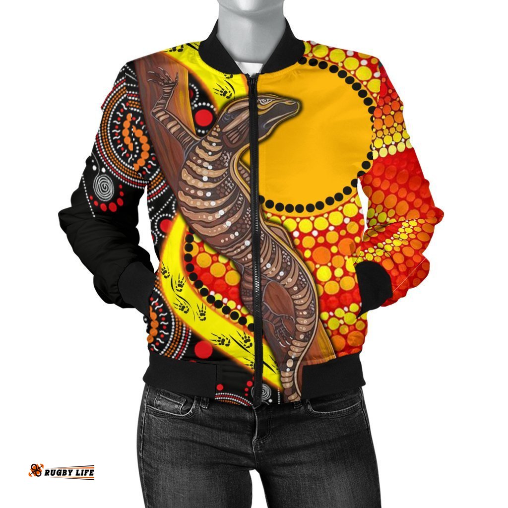 Women's Bomber Jacket - Australian Aboriginal Dot Painting Sun and Lizard