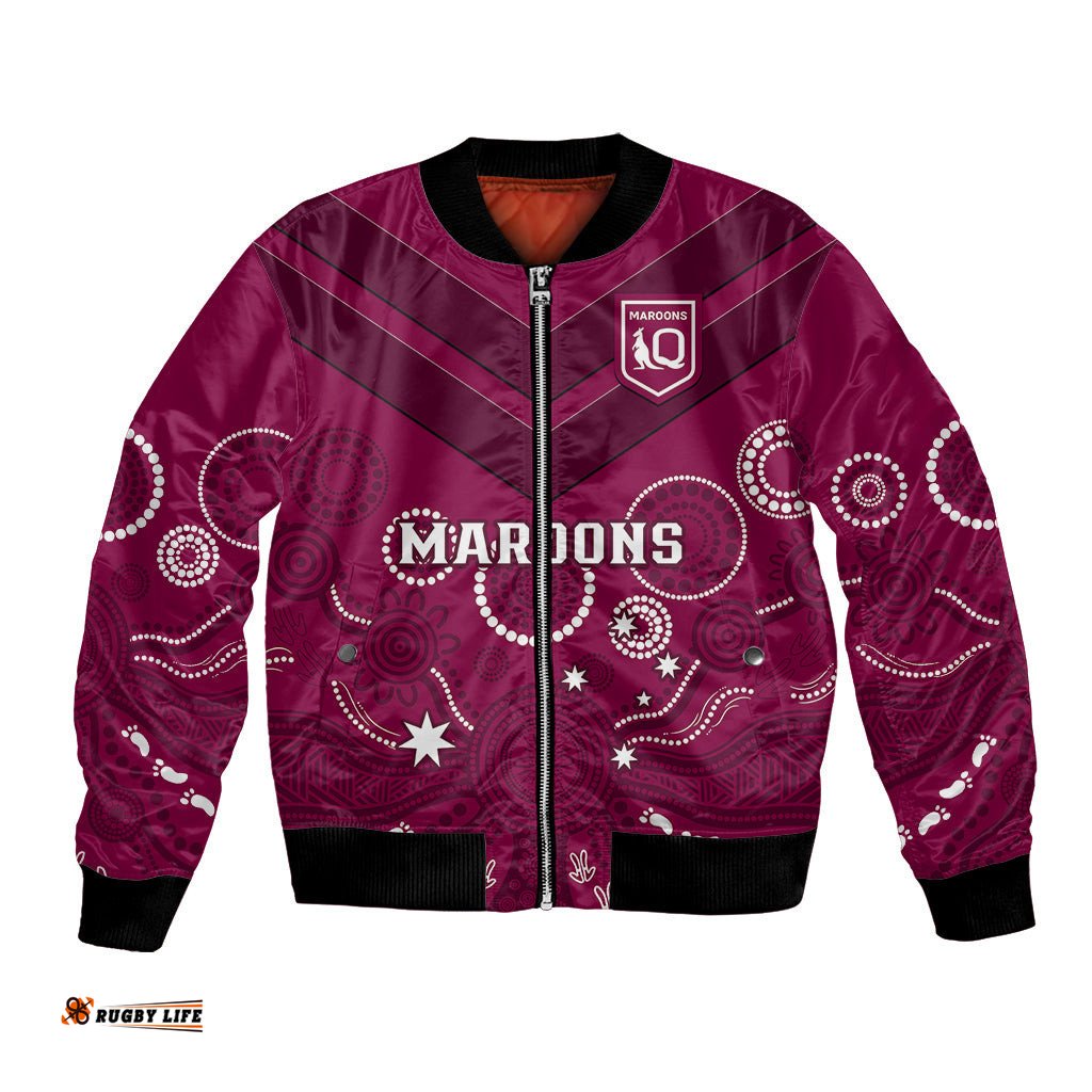 Personalised Maroons Rugby Bomber Jacket QLD Aboriginal Art