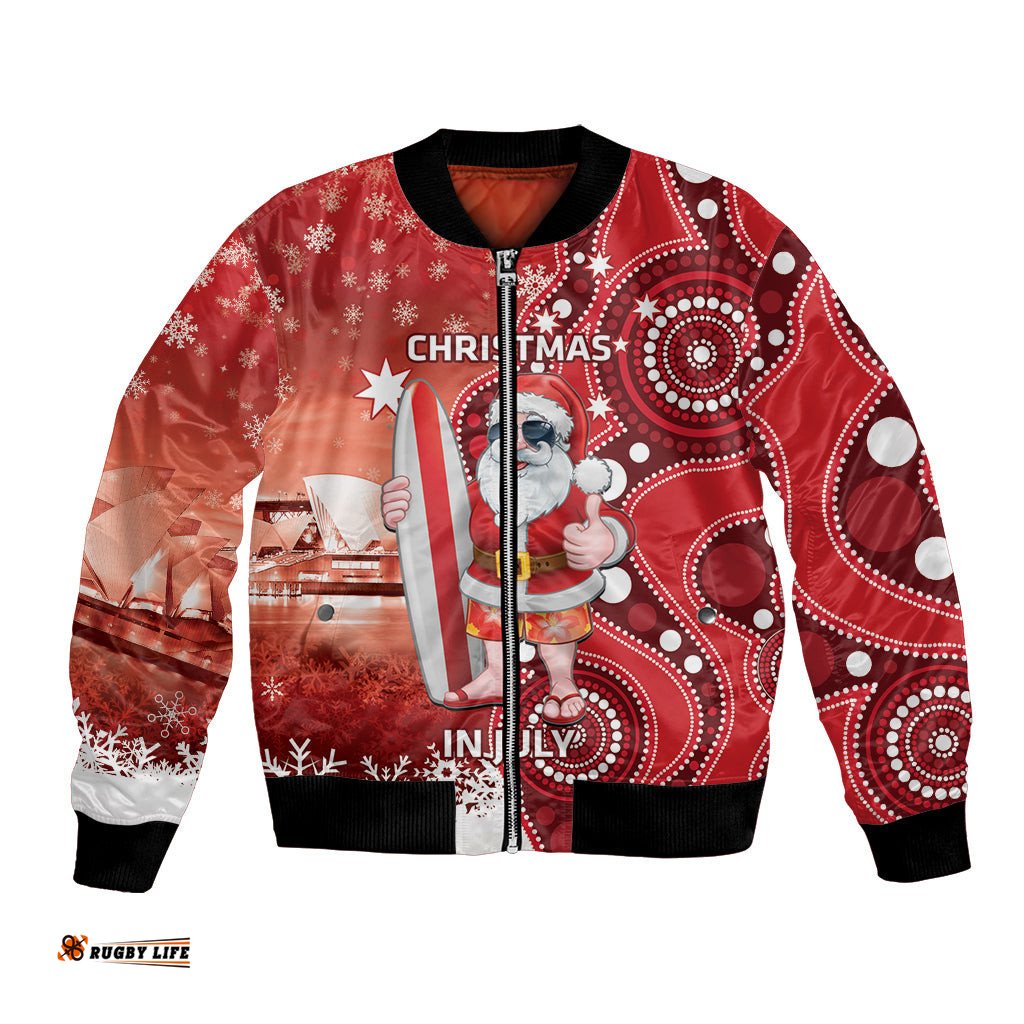 Christmas In July Australia Bomber Jacket Santa Surfboard Sydney Opera House - Red