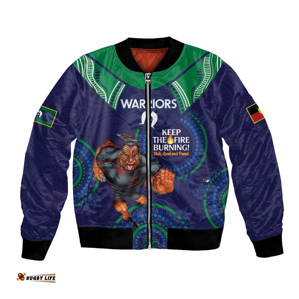 Custom NRL Warriors NAIDOC Week Bomber Jacket Keep The Fire Burning Indigenous Art