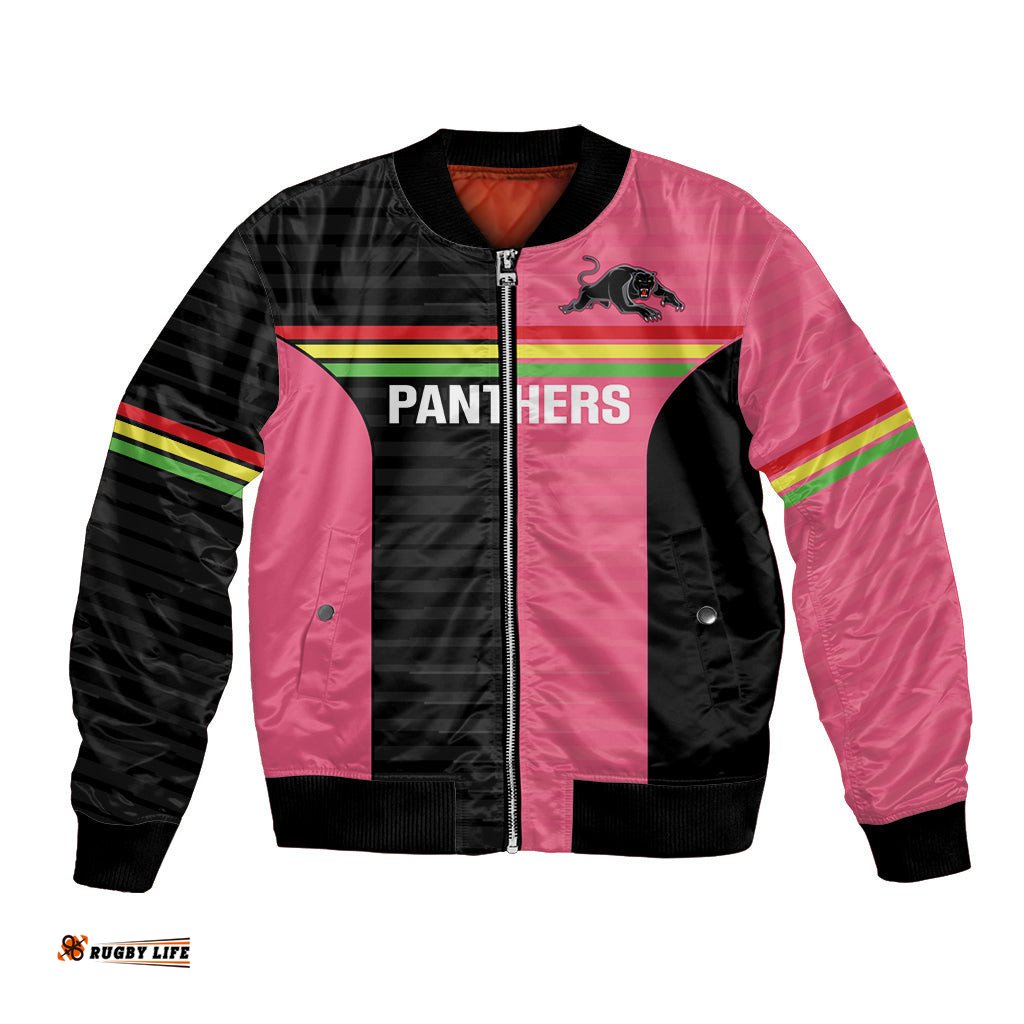 Custom Panthers Rugby Bomber Jacket Black Pink Color Sporty Style