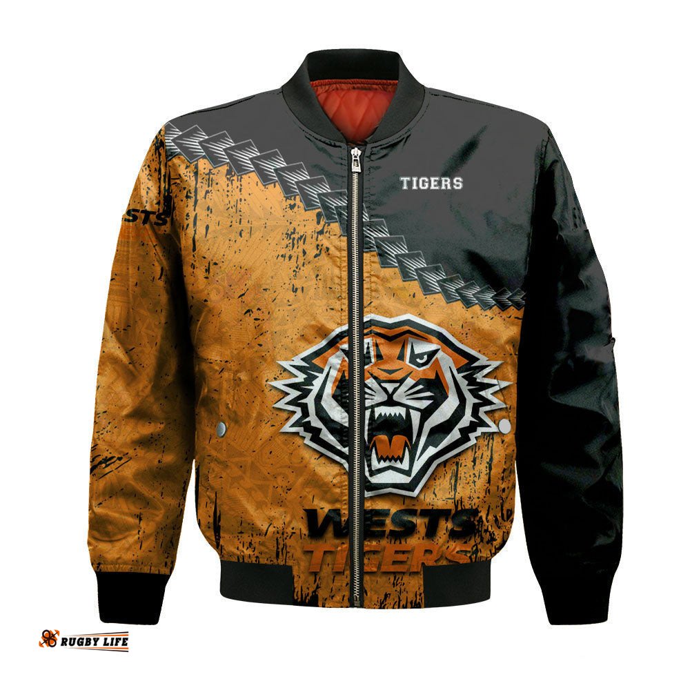 Wests Tigers Bomber Jacket Grunge Polynesian Tattoo - NRL