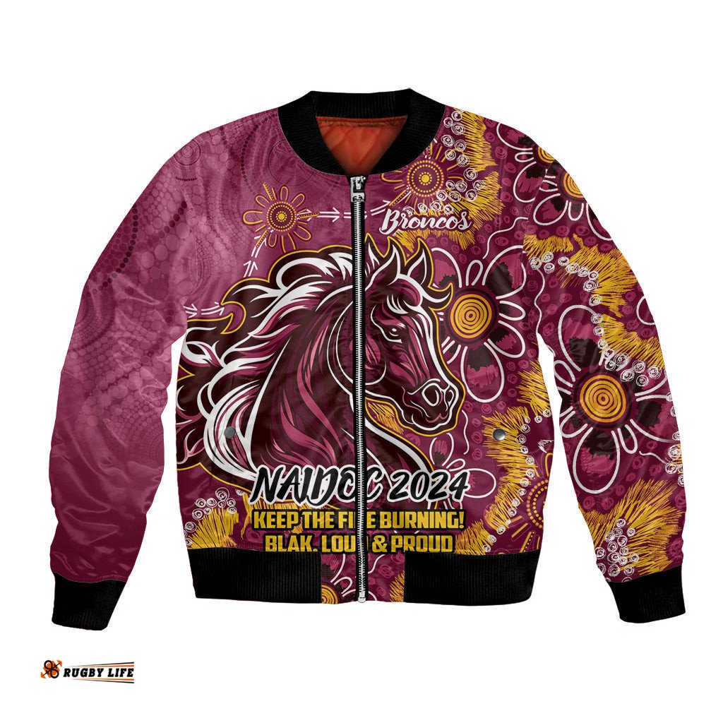 Personalised Broncos NAIDOC Week 2024 Bomber Jacket Aboriginal Fire Burning Sparks
