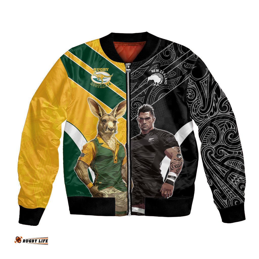 Custom New Zealand and Australia Rugby Bomber Jacket Kangroo and Maori Warrior Together