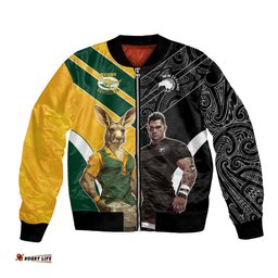 Custom New Zealand and Australia Rugby Bomber Jacket Kangroo and Maori Warrior Together