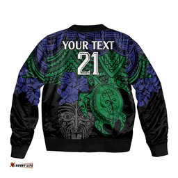 Custom New Zealand Warriors Rugby Bomber Jacket Hibiscus and Turtle With Polynesian Pattern