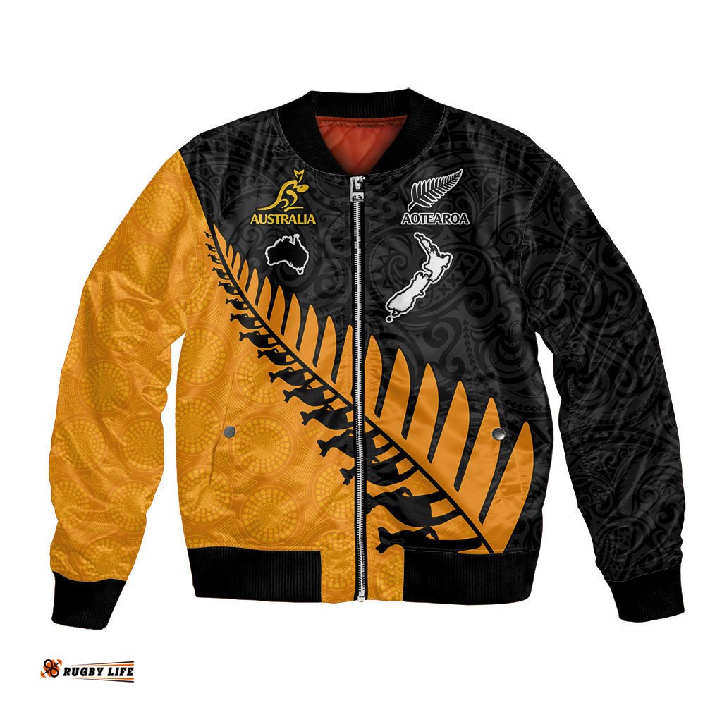Australia Wallabies and Aotearoa Rugby Bomber Jacket Kangaroo Black Fern Maori Gold Vibe