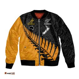 Australia Wallabies and Aotearoa Rugby Bomber Jacket Kangaroo Black Fern Maori Gold Vibe