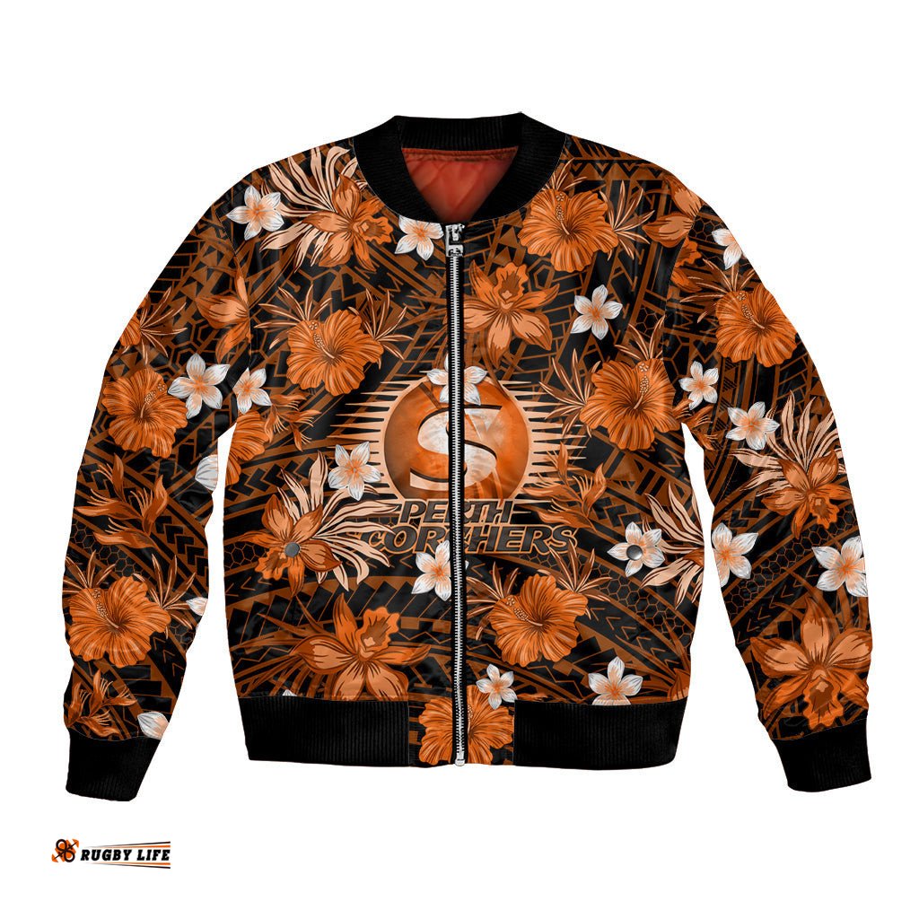 Australian Scorchers Cricket Bomber Jacket Baeuty Pacific Hibiscus and Polynesian Pattern