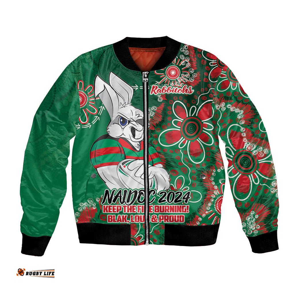 Personalised Rabbitohs NAIDOC Week 2024 Bomber Jacket Aboriginal Fire Burning Sparks