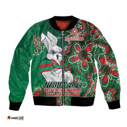 Personalised Rabbitohs NAIDOC Week 2024 Bomber Jacket Aboriginal Fire Burning Sparks