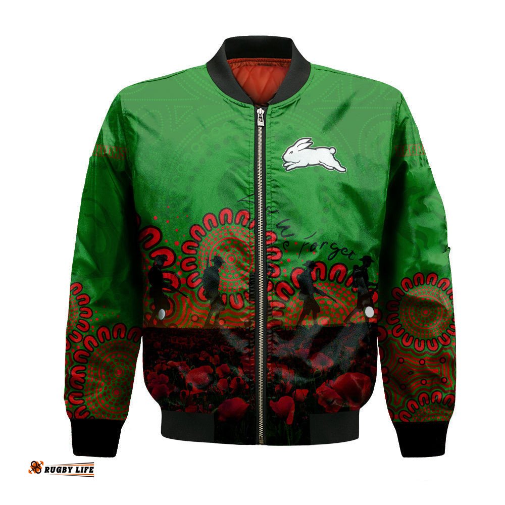 South Sydney Rabbitohs Bomber Jacket Personalized Aboriginal Rugby Anzac Day Poppy With Soldiers - NRL