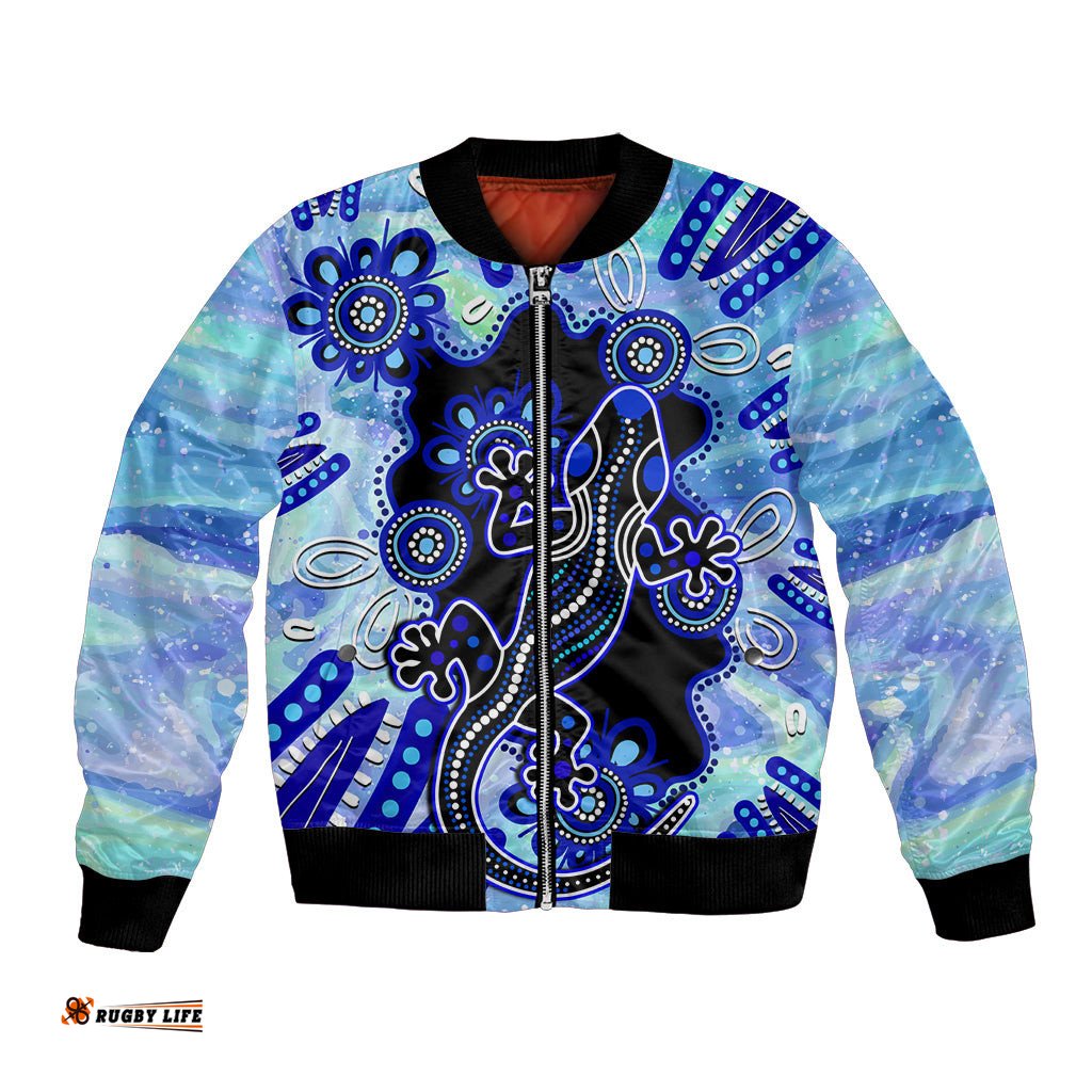 Australia Bomber Jacket Aussie Opal Pattern With Lizard Aboriginal Art - Turquoise