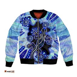 Australia Bomber Jacket Aussie Opal Pattern With Lizard Aboriginal Art - Turquoise