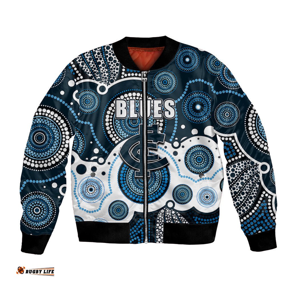 Custom Personalised And Number Blues AFL Bomber Jacket Aboriginal Patterns