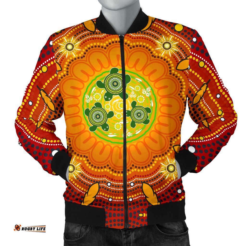 Aboriginal Men's Bomber Jacket , Turtle Circle Dot Painting Art-