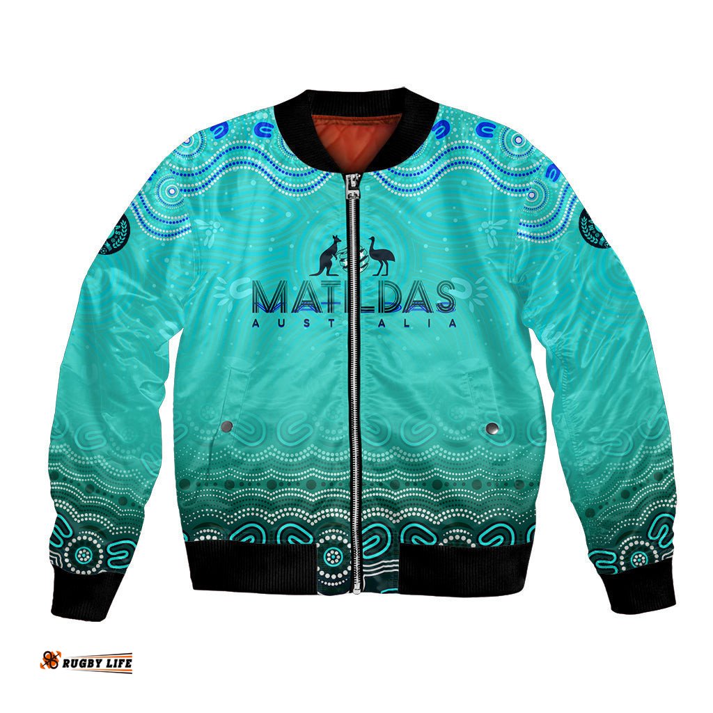 Personalised Australia Matildas Bomber Jacket Tillies Aboriginal Simple Turquoise