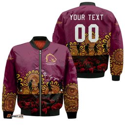 Brisbane Broncos Bomber Jacket Personalized Aboriginal Rugby Anzac Day Poppy With Soldiers - NRL