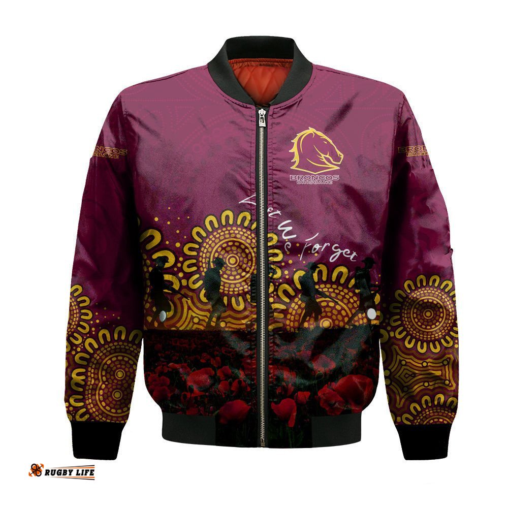 Brisbane Broncos Bomber Jacket Personalized Aboriginal Rugby Anzac Day Poppy With Soldiers - NRL