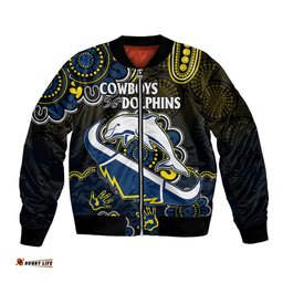 Custom Text And Number NRL Combine Dolphins and Cowboys Bomber Jacket Aboriginal