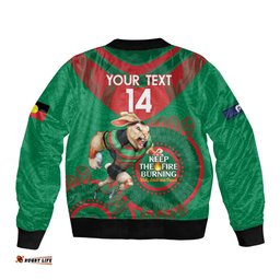 Custom NRL Rabbitohs NAIDOC Week Bomber Jacket Keep The Fire Burning Indigenous Art