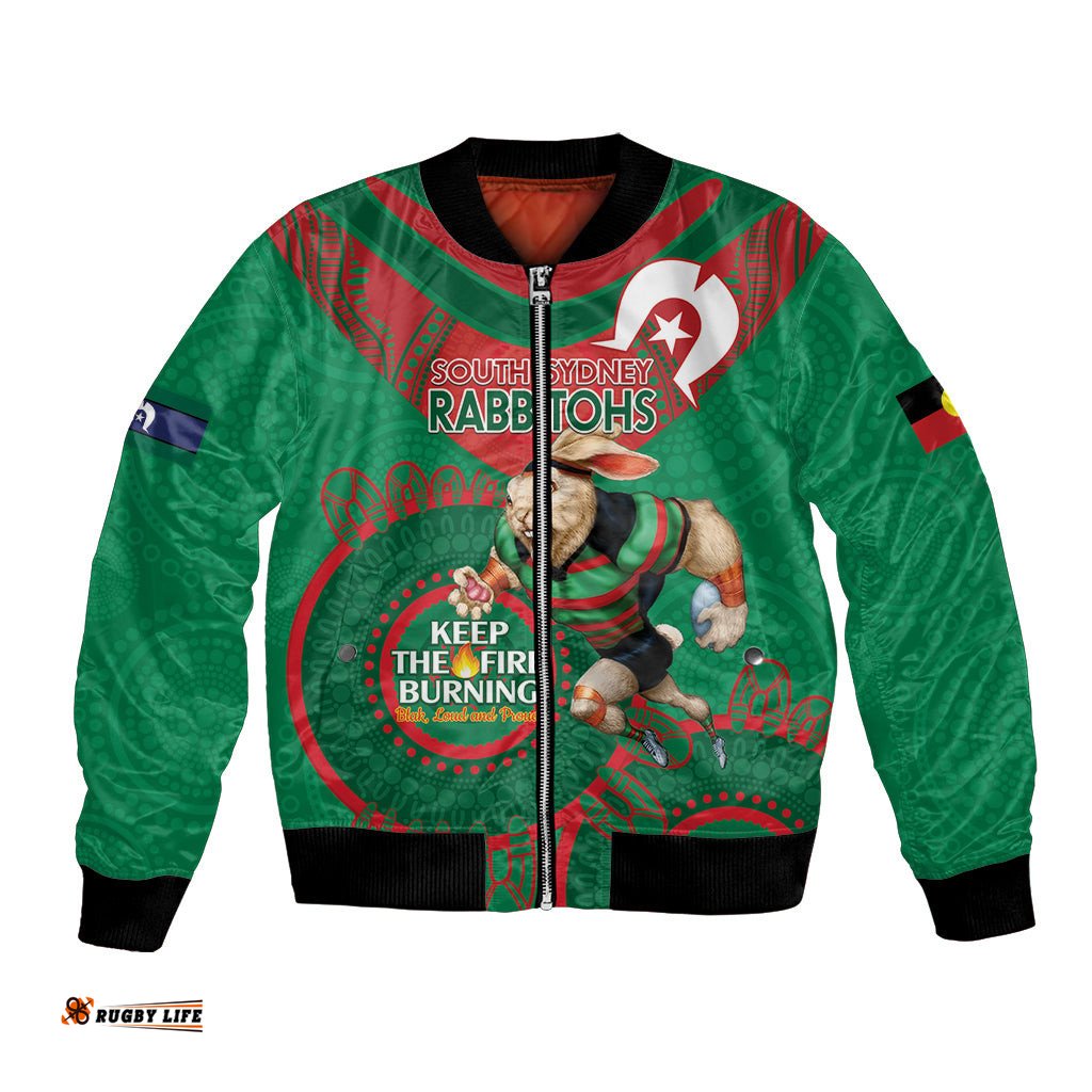 Custom NRL Rabbitohs NAIDOC Week Bomber Jacket Keep The Fire Burning Indigenous Art