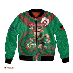Custom NRL Rabbitohs NAIDOC Week Bomber Jacket Keep The Fire Burning Indigenous Art