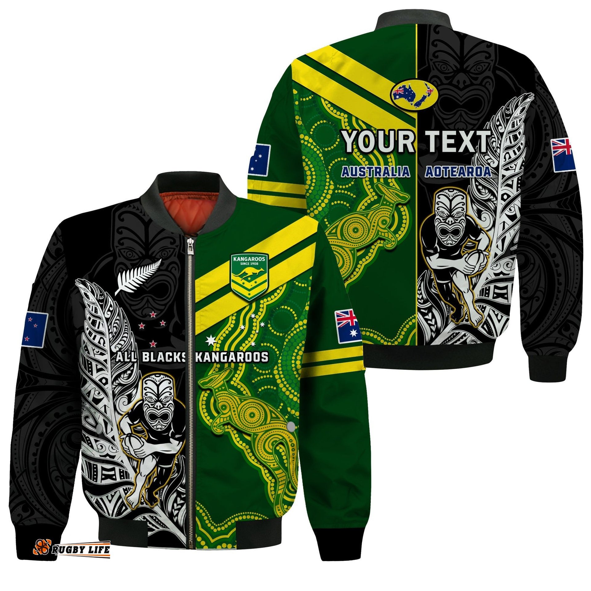 Custom Personalised Australia Kangaroos And All Black Rugby Bomber Jacket Aboriginal Mix NZ Maori Fern