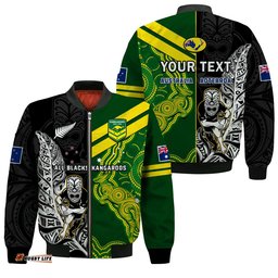 Custom Personalised Australia Kangaroos And All Black Rugby Bomber Jacket Aboriginal Mix NZ Maori Fern