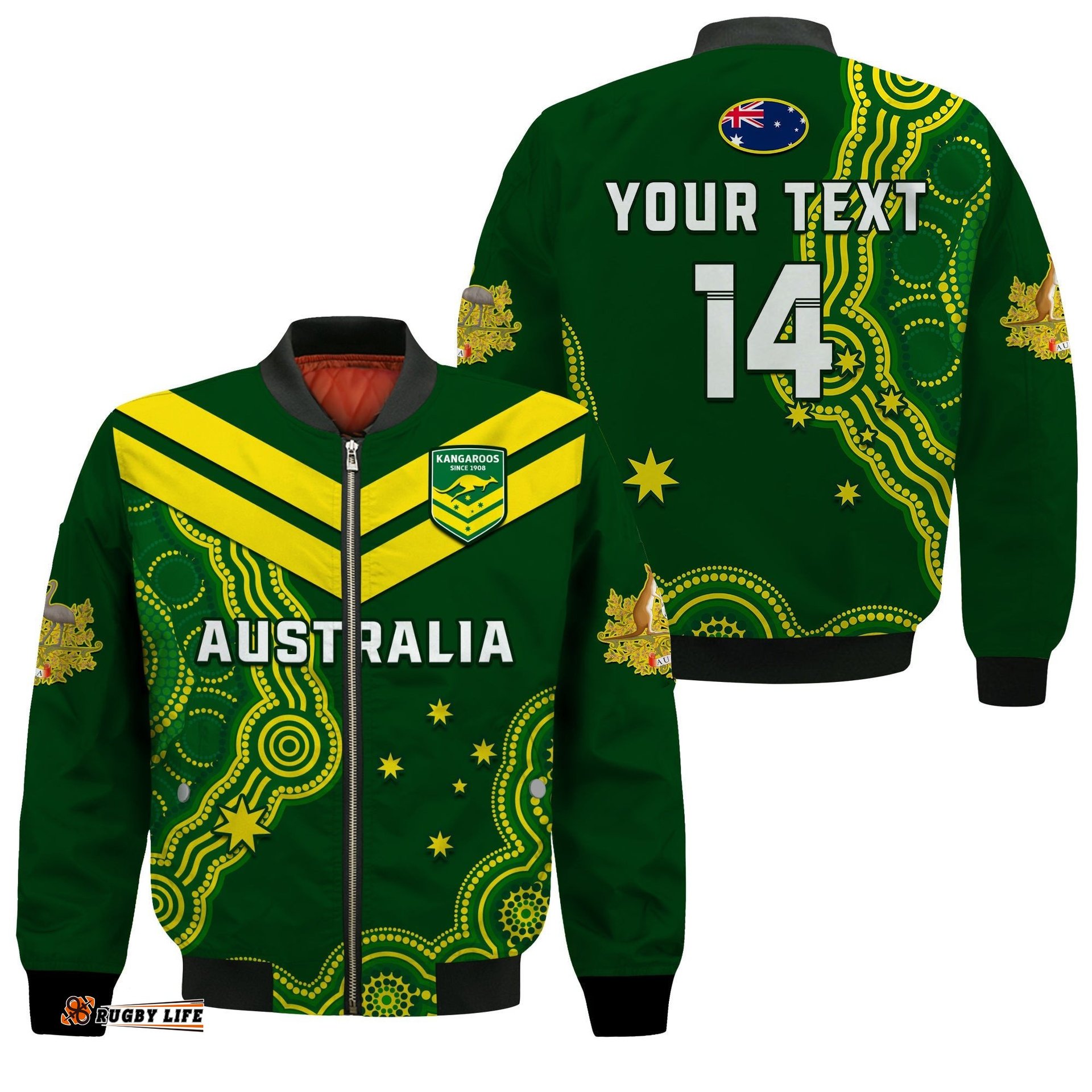 Custom Text And Number Australia Rugby Bomber Jacket The Kangaroos Champions Pacific Indigenous