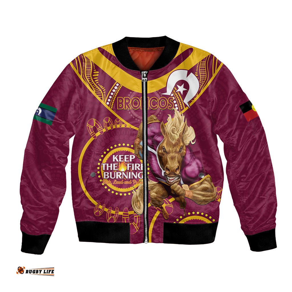 Custom NRL Broncos NAIDOC Week Bomber Jacket Keep The Fire Burning Indigenous Art