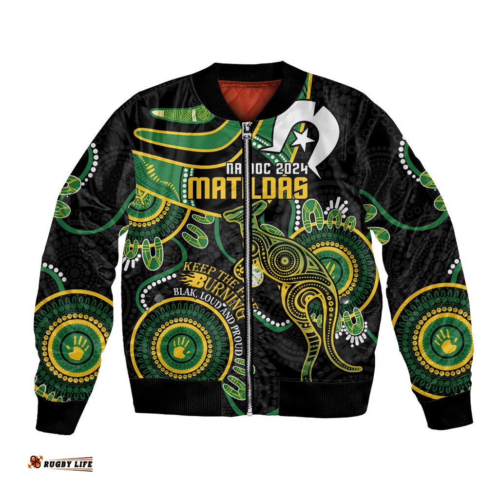 Custom Matildas NAIDOC Week Bomber Jacket Australia Kangaroo Keep The Fire Burning - Black