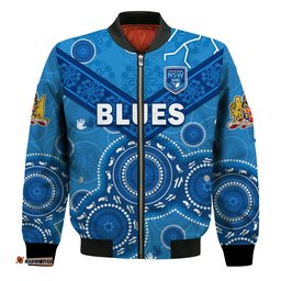 Custom Text And Number NSW Blues Rugby Bomber Jacket New South Wales Aboriginal Dot Painting Unique Version