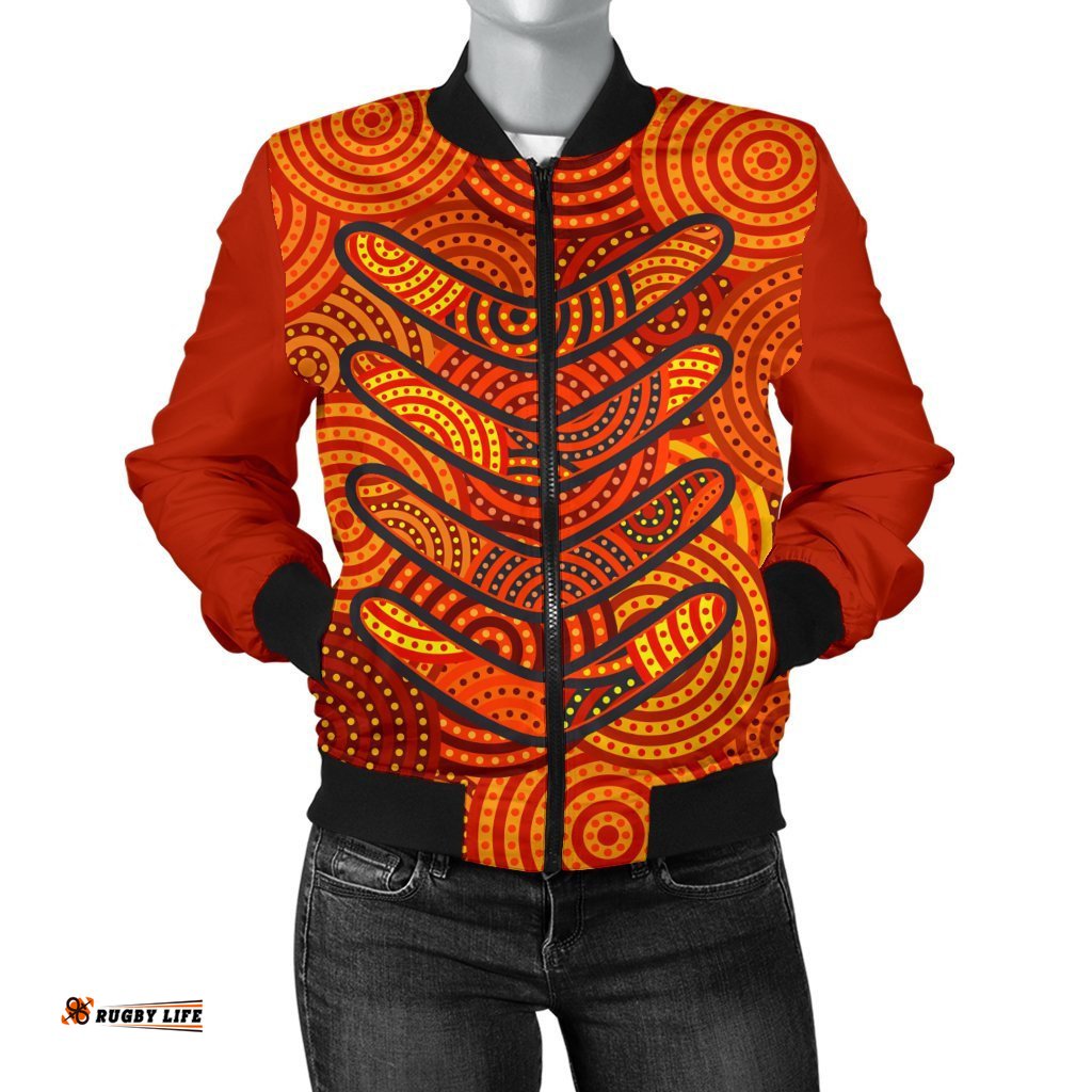 Aboriginal Women's Bomber Jacket - Aboriginal Boomerangs And Dot Circle