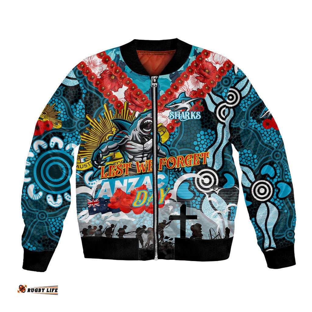 Personalised Sharks ANZAC Day Bomber Jacket Aboriginal Rising Sun