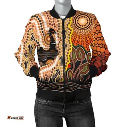 Women's Bomber Jacket - Australian Aboriginal Sun and Emu