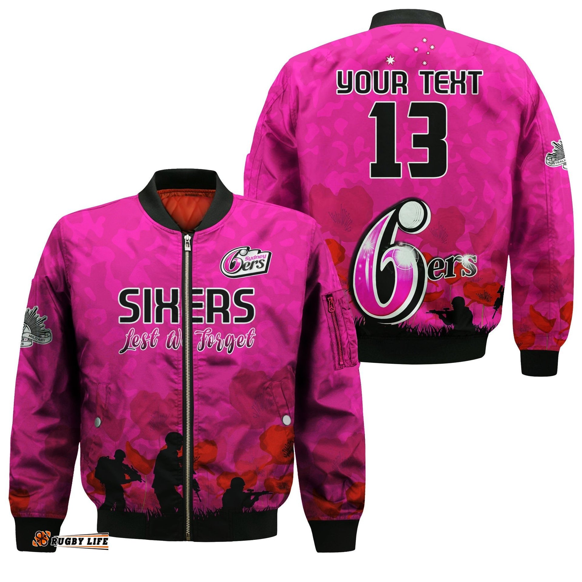 Custom Text and Number Sydney Sixers Cricket Bomber Jacket Anzac Day Camouflage Poppy Lest We Forget