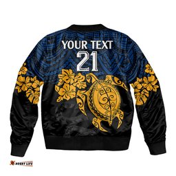 Custom Parra Eels Rugby Bomber Jacket Hibiscus and Turtle With Polynesian Pattern