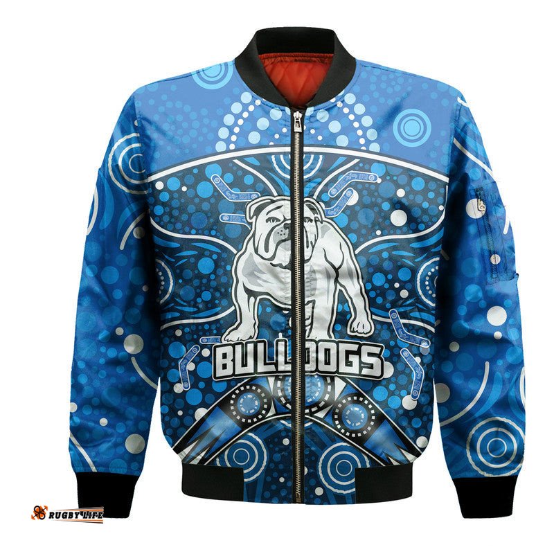 Custom Personalised Bulldogs Rugby Bomber Jacket Boomerang Indigenous Dots