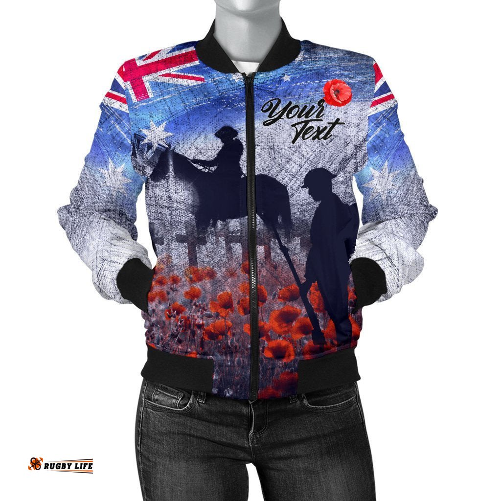 Custom Text Anzac Day Women's Bomber Jacket - Lest We Forget Vintage Poppies