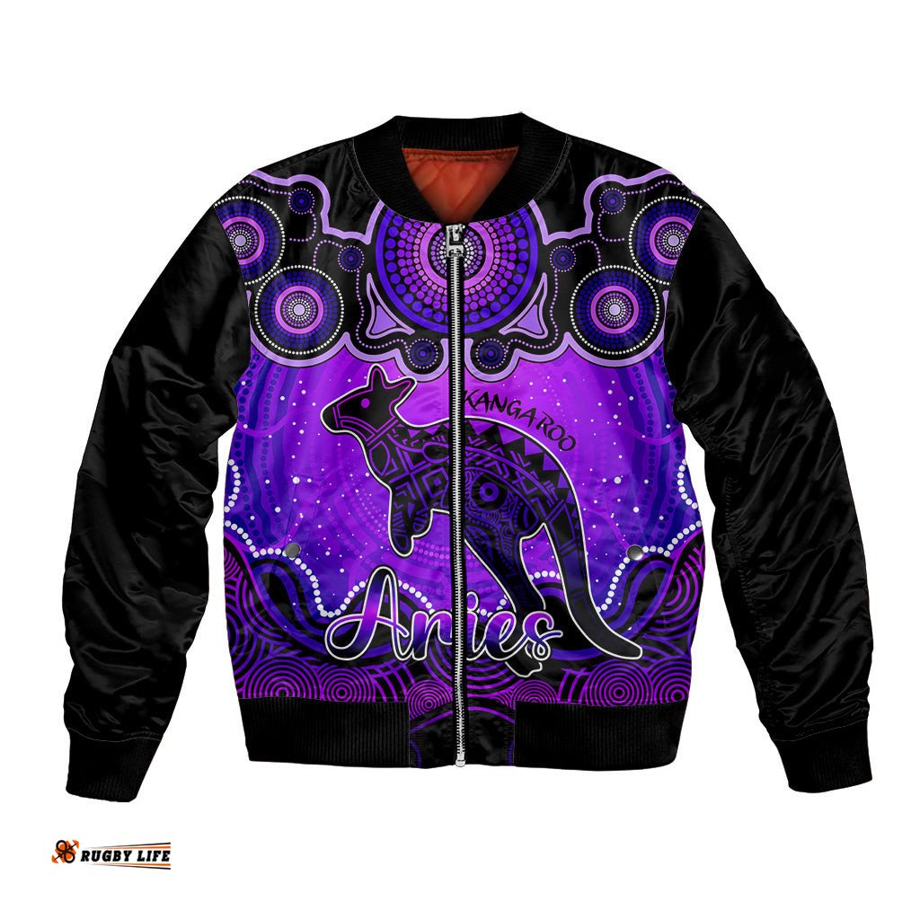 Personalised Australia Aries Kangaroo Zodiac Bomber Jacket Auz Astrology Aboriginal - Purple