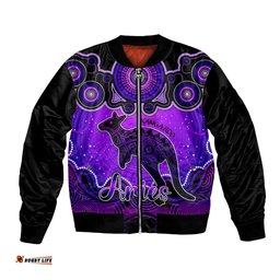 Personalised Australia Aries Kangaroo Zodiac Bomber Jacket Auz Astrology Aboriginal - Purple