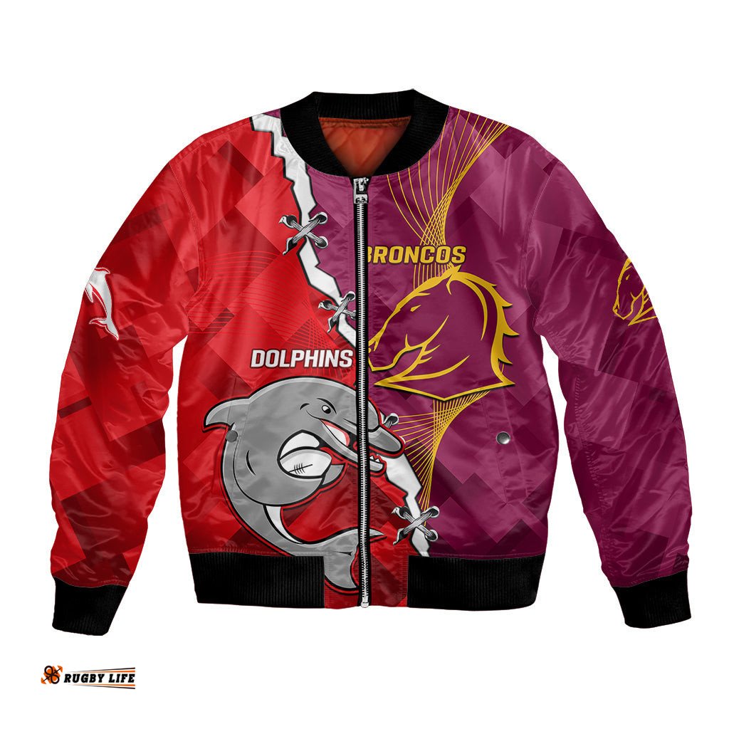 Custom Personalised Broncos Mix Dolphins Rugby Bomber Jacket Sporty Style