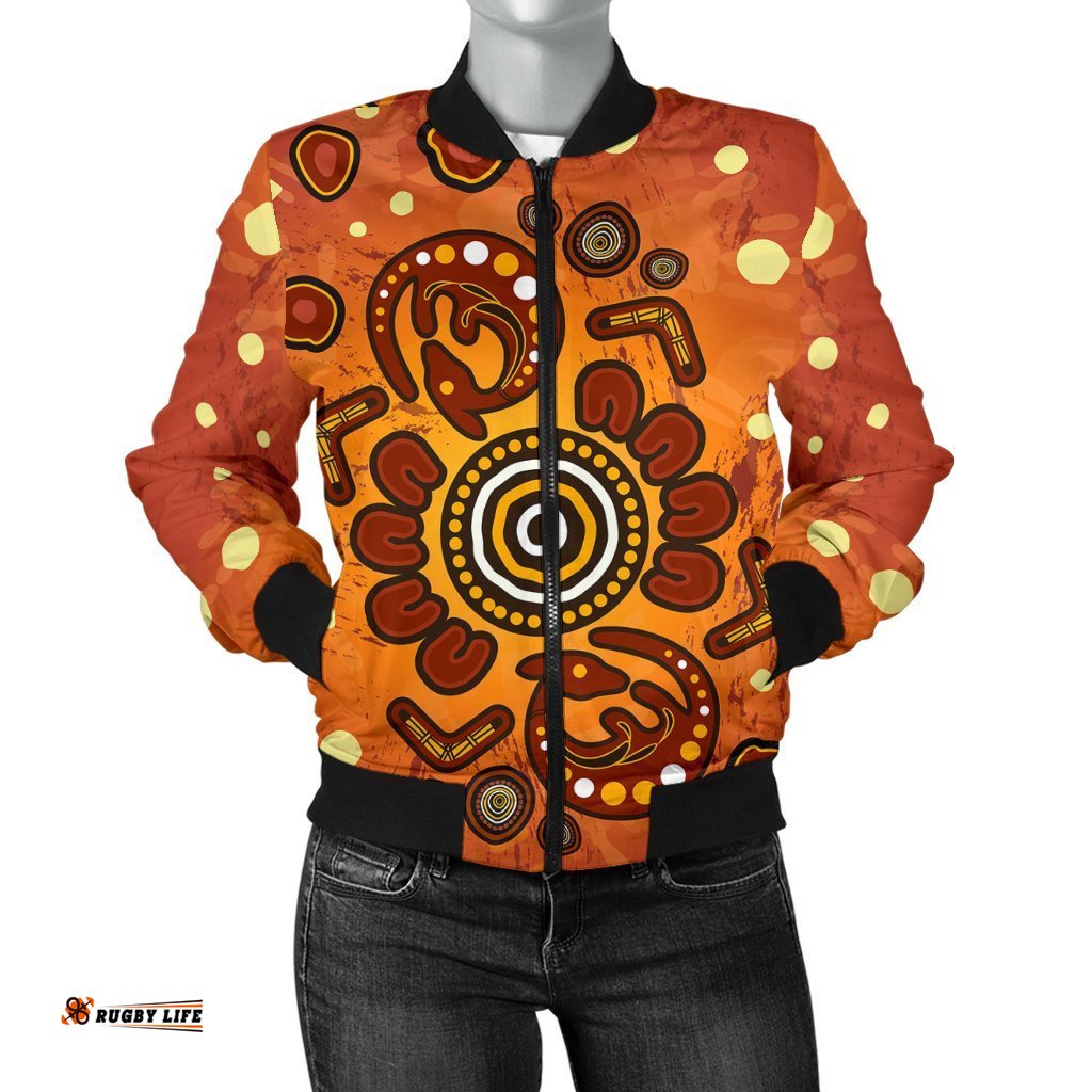 Aboriginal Women's Bomber Jacket - Baby Kangaroo And Dot Painting Patterns