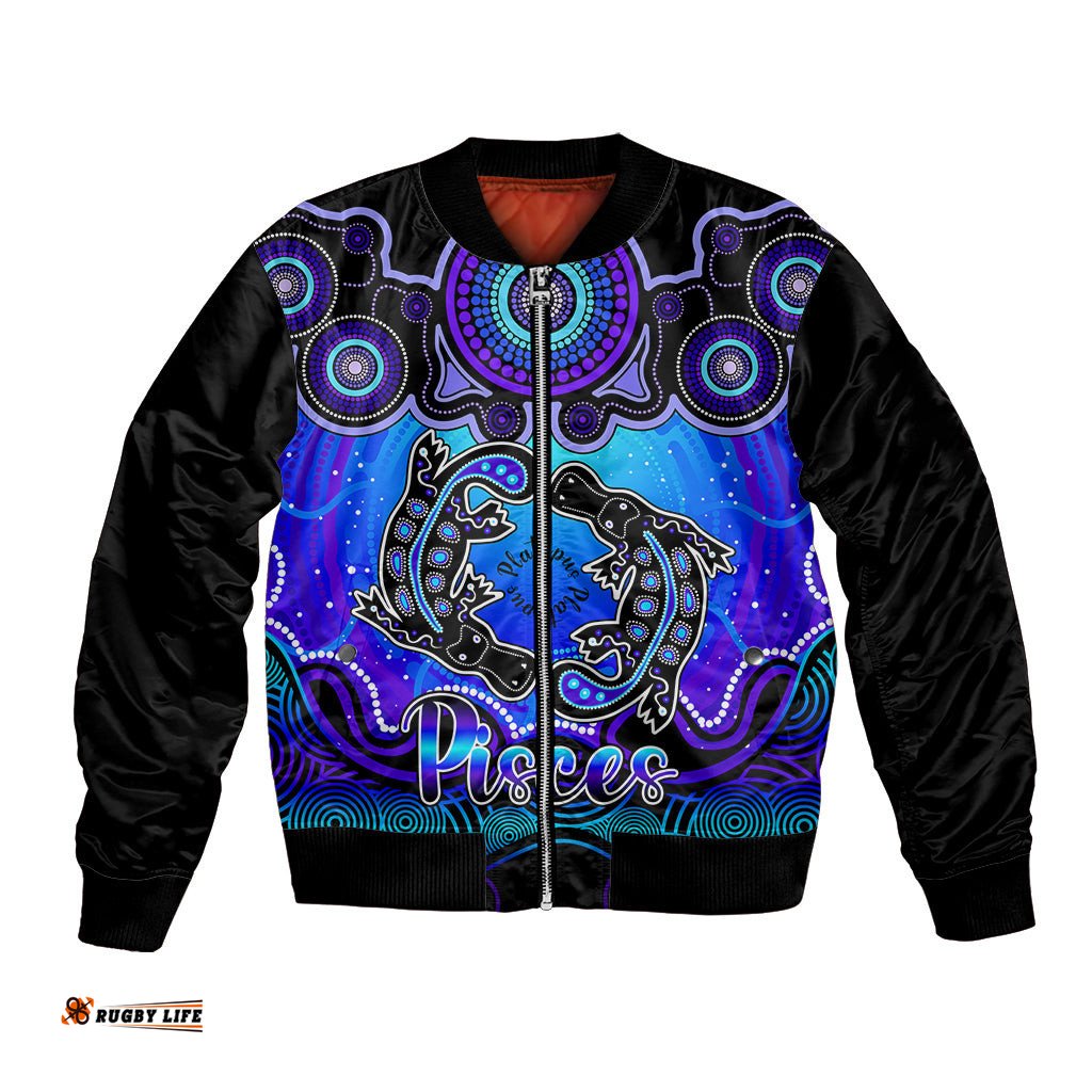 Personalised Australia Pisces Platypus Zodiac Bomber Jacket Auz Astrology Aboriginal - Blue