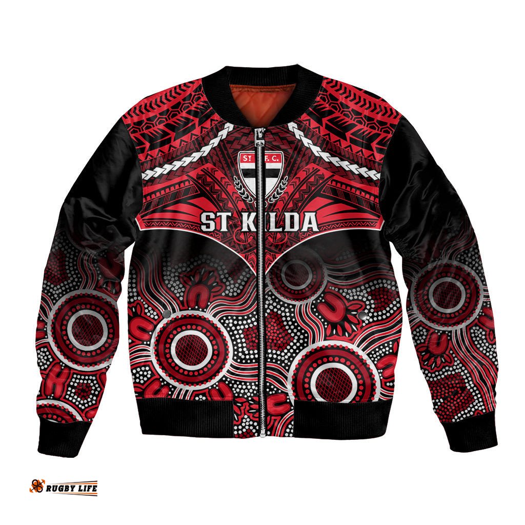 Personalised St Kilda Football Bomber Jacket Saints Aboriginal Mix Polynesian Pattern