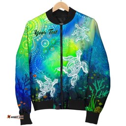 Custom Text Aboriginal Women's Bomber Jacket - Indigenous Turtle Ocean Dot Painting Art