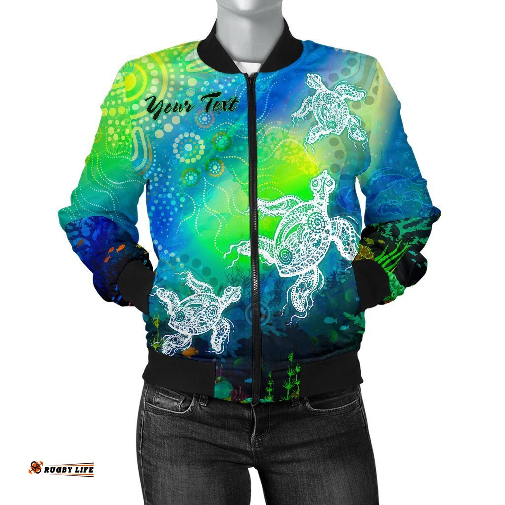 Custom Text Aboriginal Women's Bomber Jacket - Indigenous Turtle Ocean Dot Painting Art