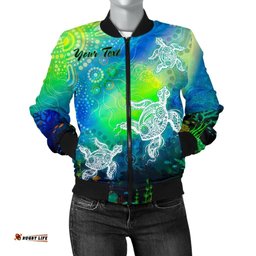 Custom Text Aboriginal Women's Bomber Jacket - Indigenous Turtle Ocean Dot Painting Art