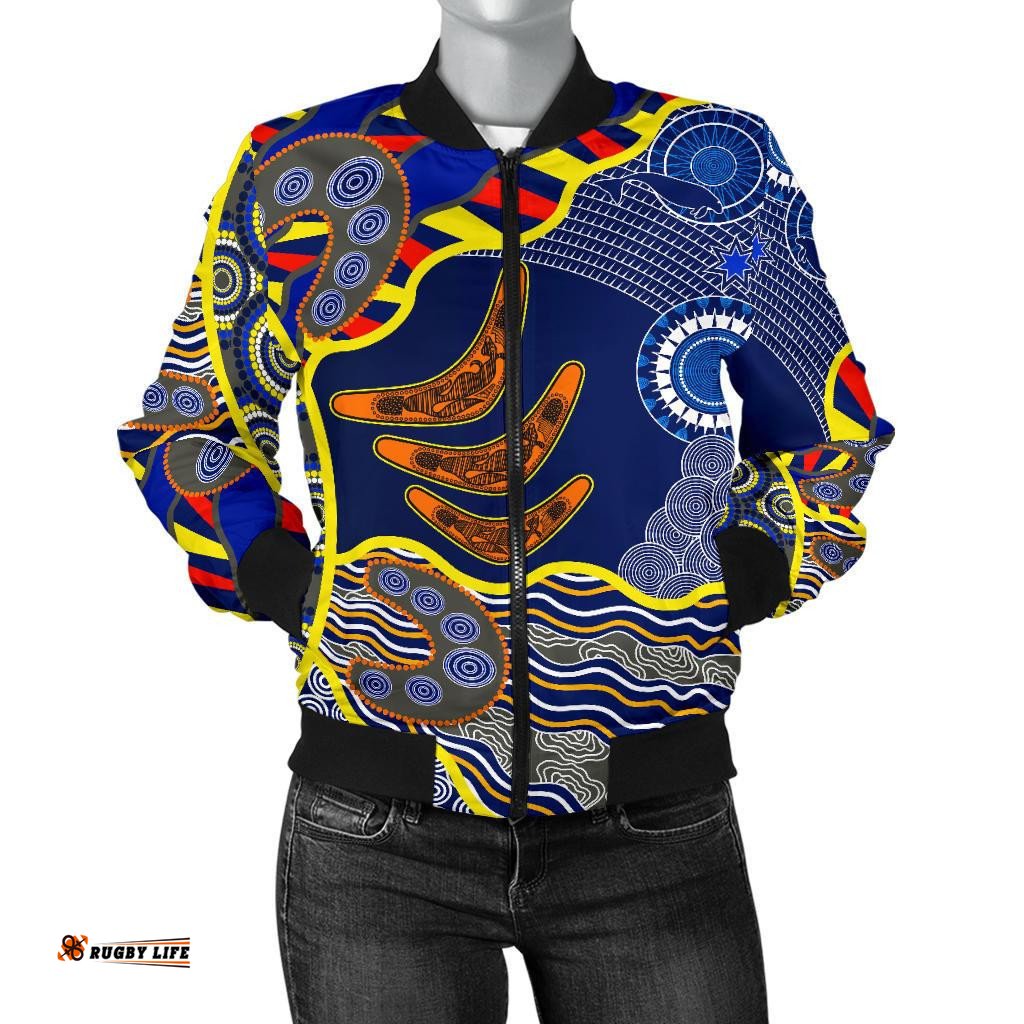 Aboriginal Women's Bomber Jacket, Australian Boomerang Dot Painting Art